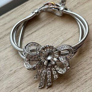 Vintage "Mazer" Rhinestone Bow Bracelet Triple Snake Chain Signed & Stamped